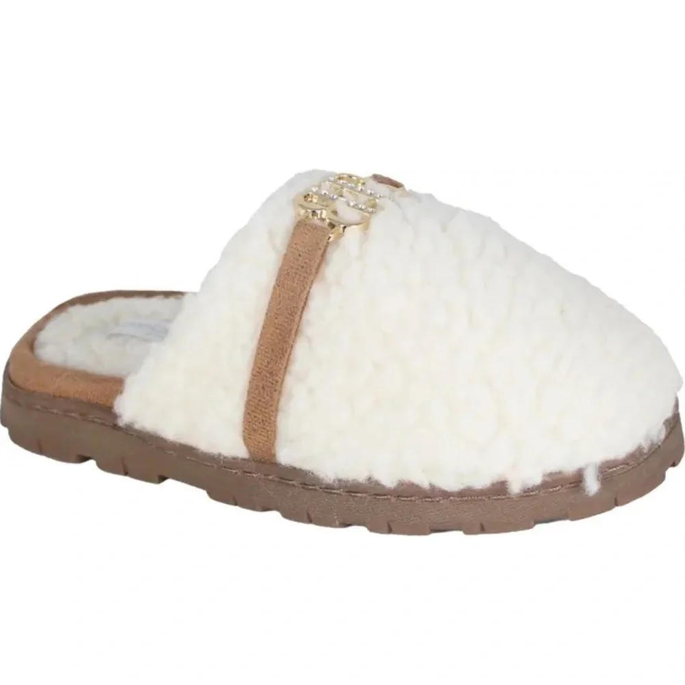 Bebe Kids' Faux Shearling Logo Slipper Ivory size 11/12